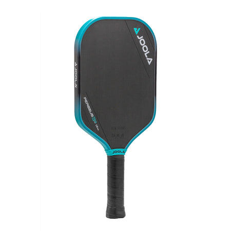 White background image, product image of the JOOLA Ben Johns 16mm Perseus 3S pickleball paddle. Black handle, black paddle face with a turquoise and black edge guard.