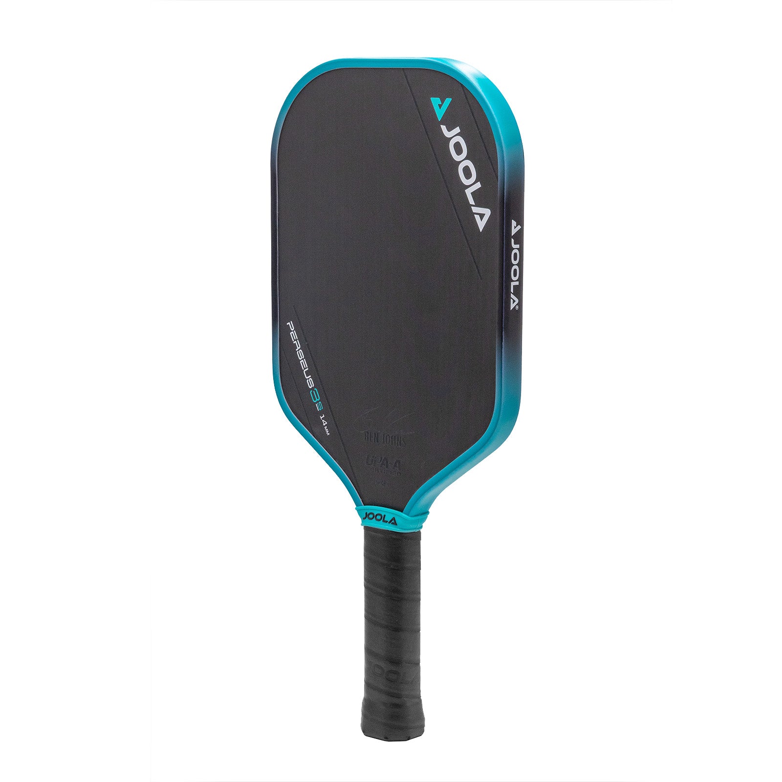 White background image, product image of the JOOLA Ben Johns 14mm Perseus 3S pickleball paddle. Black handle, black paddle face with a turquoise and black edge guard.