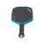 White background image, product image of the JOOLA Ben Johns 14mm Perseus 3S pickleball paddle. Black handle, black paddle face with a turquoise and black edge guard. Paddle laying on ground to show the JOOLA logo on the weighted end-cap at the bottom of the paddle's handle.