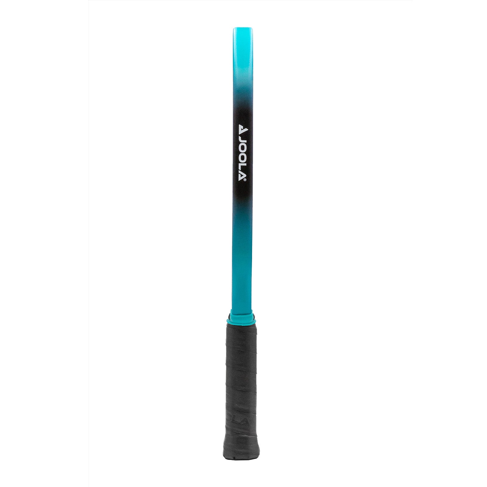 White background image, product image of the JOOLA Ben Johns 14mm Perseus 3S pickleball paddle. Black handle, black paddle face with a turquoise and black edge guard. Side of paddle shows the JOOLA logo and the edge guard colors of turquoise and black.