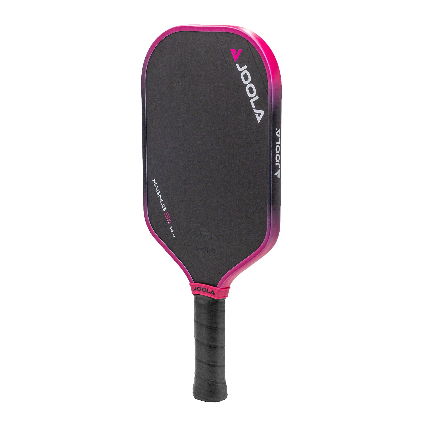 White background, product image of the JOOLA Tyson McGuffin Magnus 3S Pickleball Paddle. Black handle, black paddle face with black and pink on the edge guard.