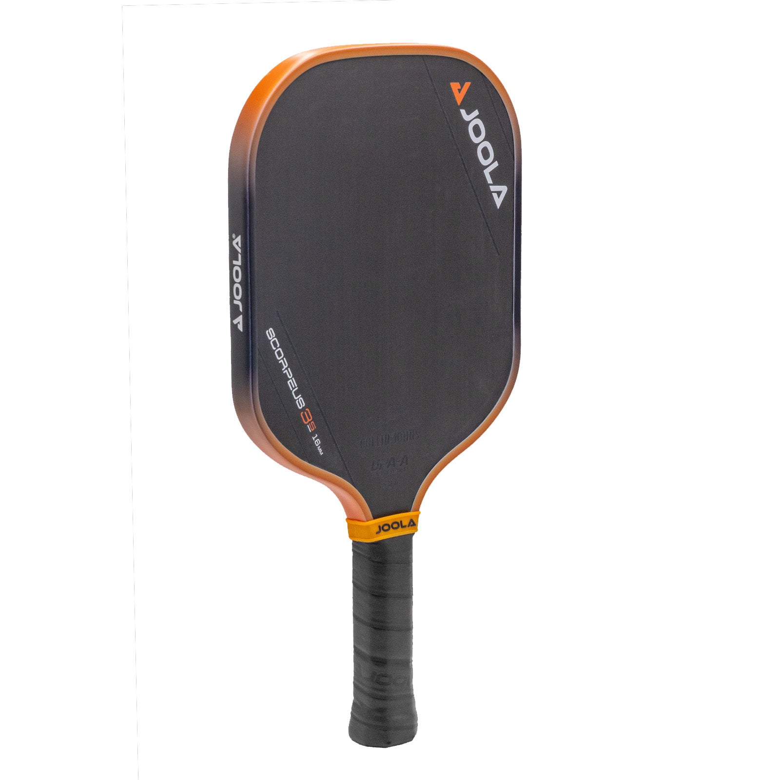 White background, product image of the JOOLA Collin Johns Scorpeus 16mm 3S pickleball paddle. Black handle, black paddle surface. Orange and black edge guard.