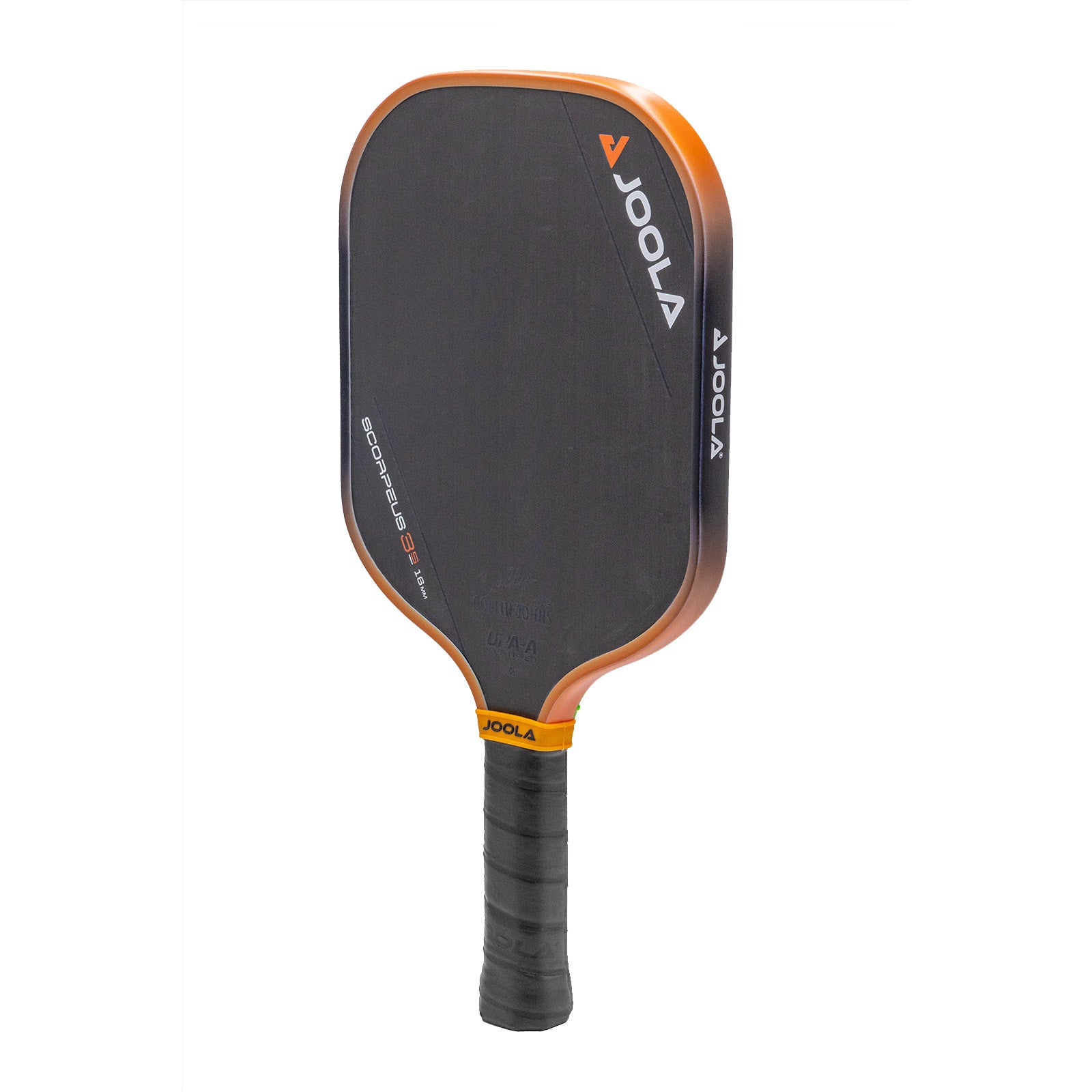 White background, product image of the JOOLA Collin Johns Scorpeus 16mm 3S pickleball paddle. Black handle, black paddle surface. Orange and black edge guard.