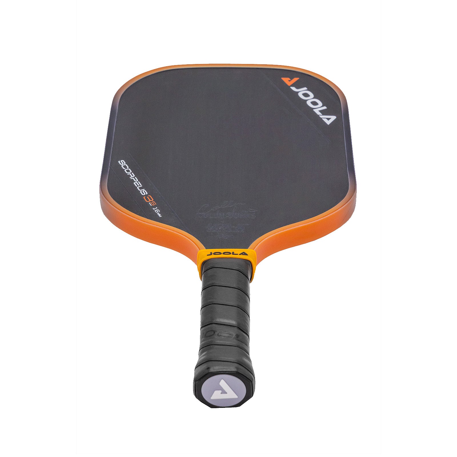 White background, product image of the JOOLA Collin Johns Scorpeus 16mm 3S pickleball paddle. Black handle, black paddle surface. Orange and black edge guard. Paddle is laying flat to show off the weighted end cap on the paddles handle.