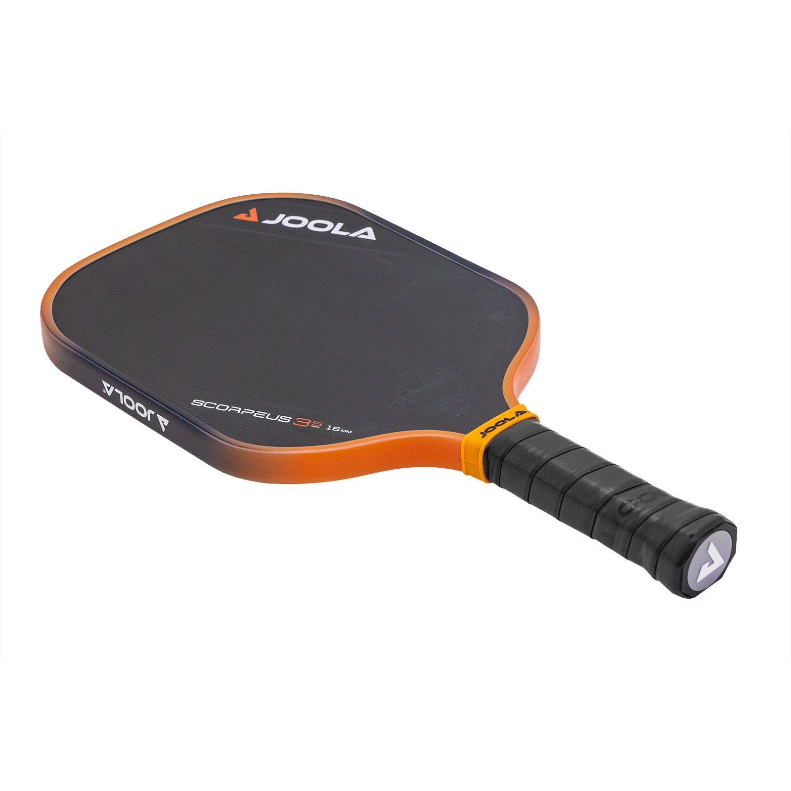 White background, product image of the JOOLA Collin Johns Scorpeus 16mm 3S pickleball paddle. Black handle, black paddle surface. Orange and black edge guard.