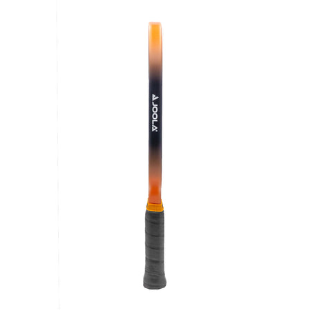 White background, product image of the JOOLA Collin Johns Scorpeus 16mm 3S pickleball paddle. Black handle, black paddle surface. Orange and black edge guard.