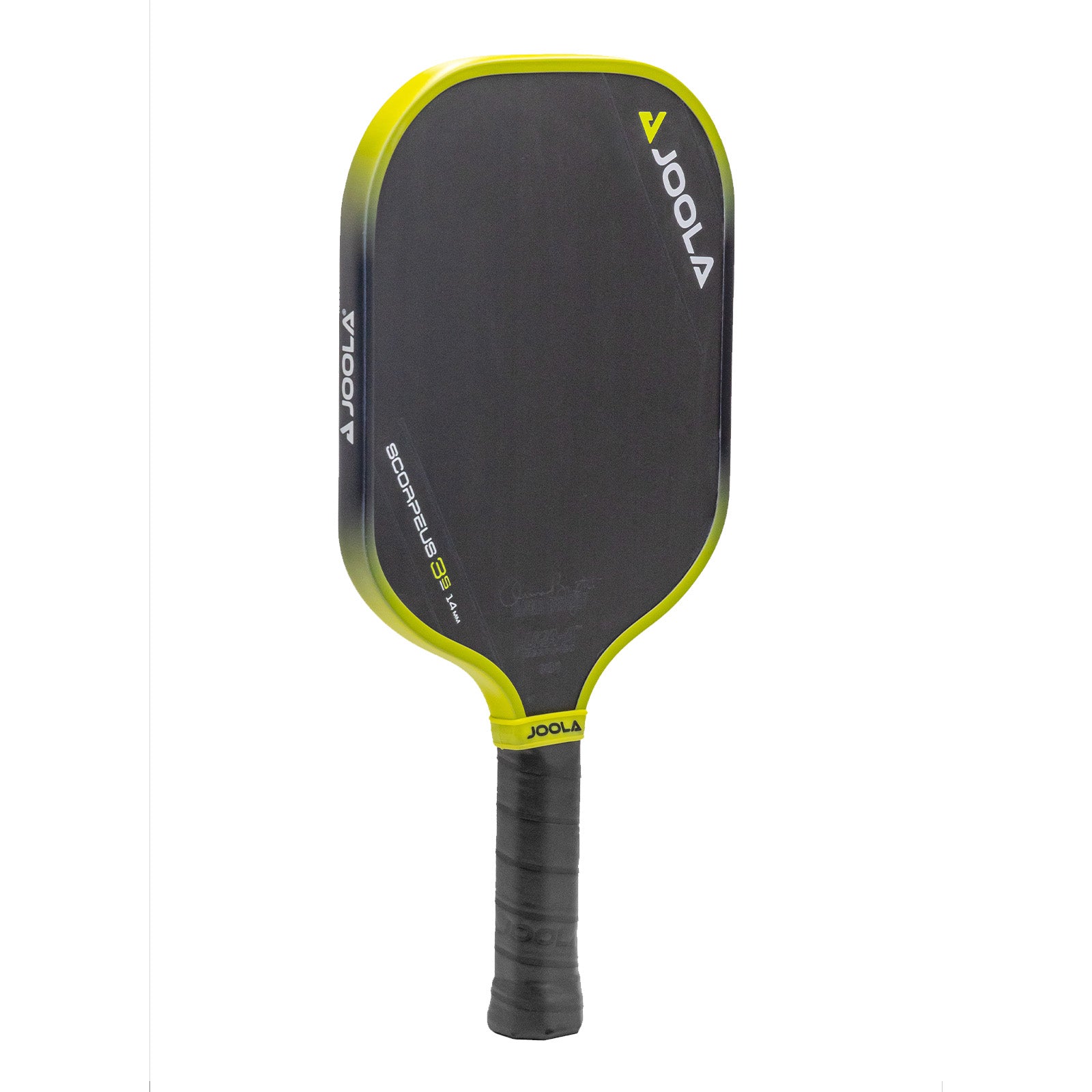 White background, product image of the JOOLA Anna Bright Scorpeus 3S pickleball paddle. Black handle, black paddle face with yellow and black edge guard.