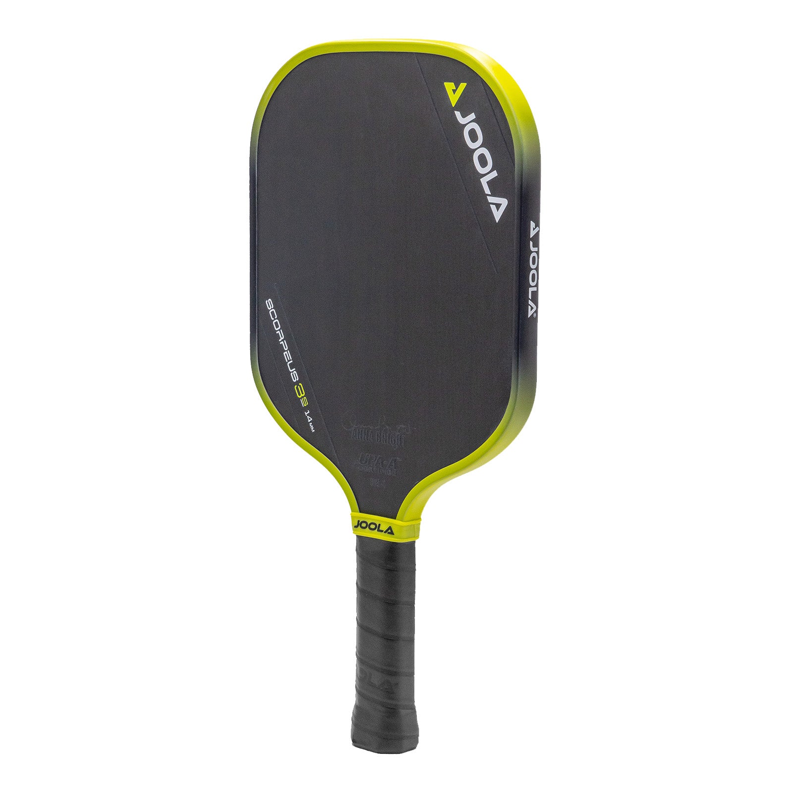 White background, product image of the JOOLA Anna Bright Scorpeus 3S pickleball paddle. Black handle, black paddle face with yellow and black edge guard.