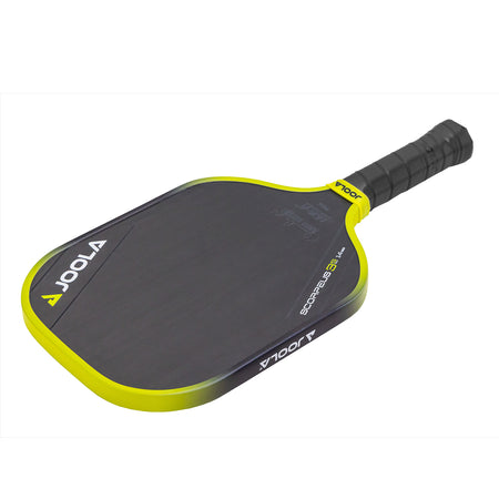 White background, product image of the JOOLA Anna Bright Scorpeus 3S pickleball paddle. Black handle, black paddle face with yellow and black edge guard.