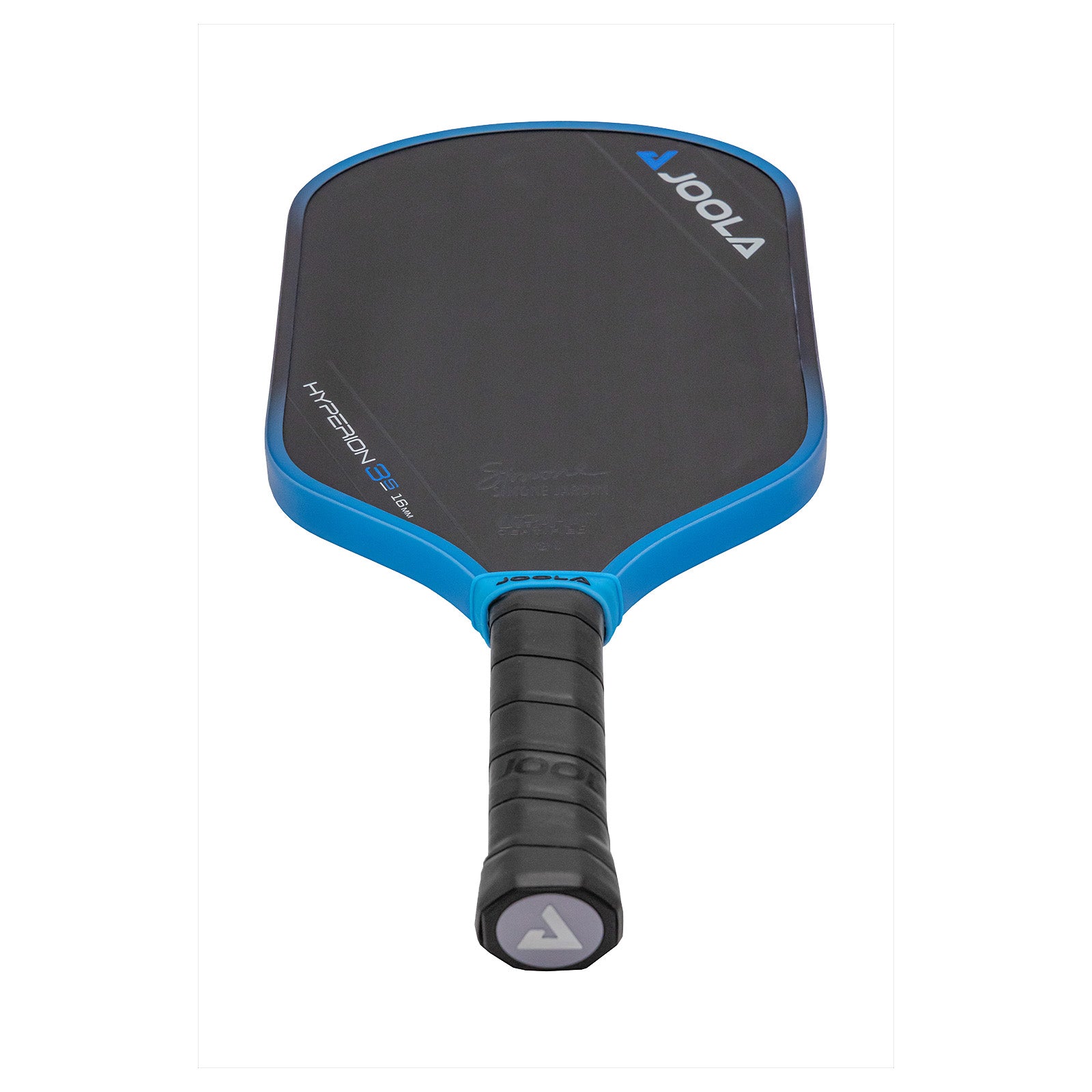 White background, product image of a JOOLA Hyperion 3S Simone Jardim pickleball paddle. Paddle is laying paddle face up and showing the JOOLA logo on the end cap of the paddle handle.