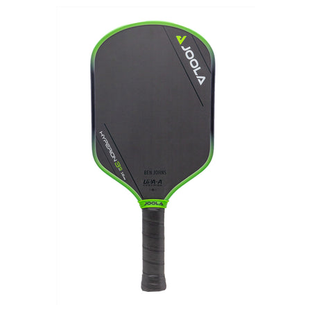 White background, product image of the JOOLA Ben Johns Hyperion 3S pickleball paddle. Black and green edge guard, black handle.