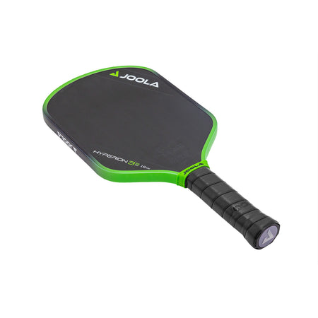 White background, product image of the JOOLA Ben Johns Hyperion 3S pickleball paddle. Black and green edge guard, black handle.