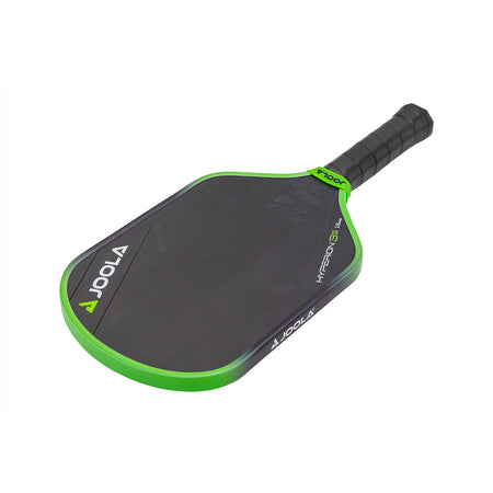 White background, product image of the JOOLA Ben Johns Hyperion 3S pickleball paddle. Black and green edge guard, black handle.