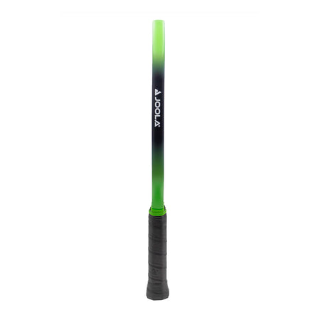 White background, product image of the JOOLA Ben Johns Hyperion 3S pickleball paddle. Black and green edge guard, black handle. Side of the paddle is showing, with JOOLA logo on the side.