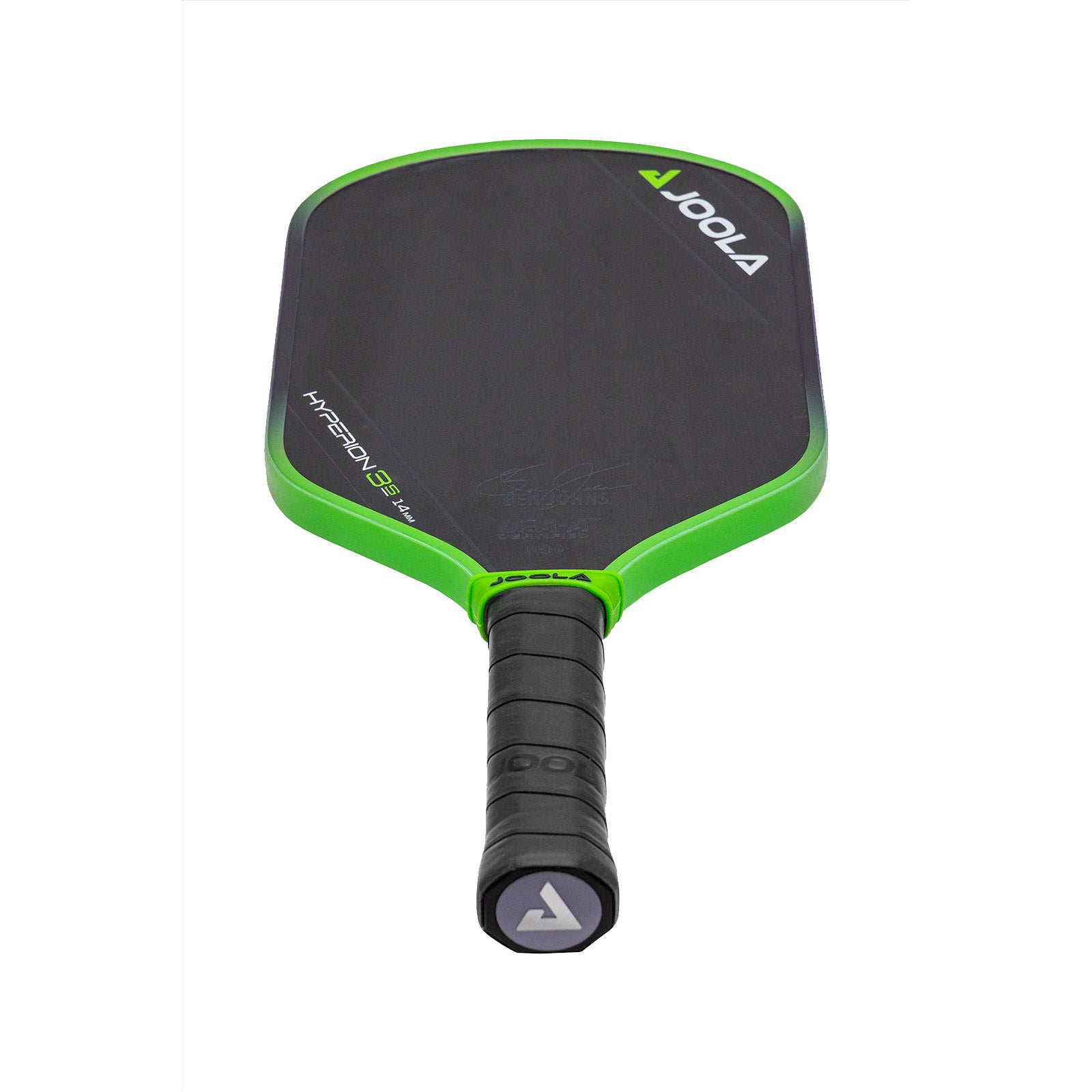 White background image, product image of the JOOLA Ben Johns Hyperion 3S pickleball paddle. Black handle, black paddle face with green and black paddle edge guard. Paddle laying on ground to show off the end cap on the handle.