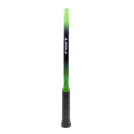 White background image, product image of the JOOLA Ben Johns Hyperion 3S pickleball paddle. Black handle, black paddle face with green and black paddle edge guard. Side profile of the paddle showing the edge guard with JOOLA logo printed on the side.