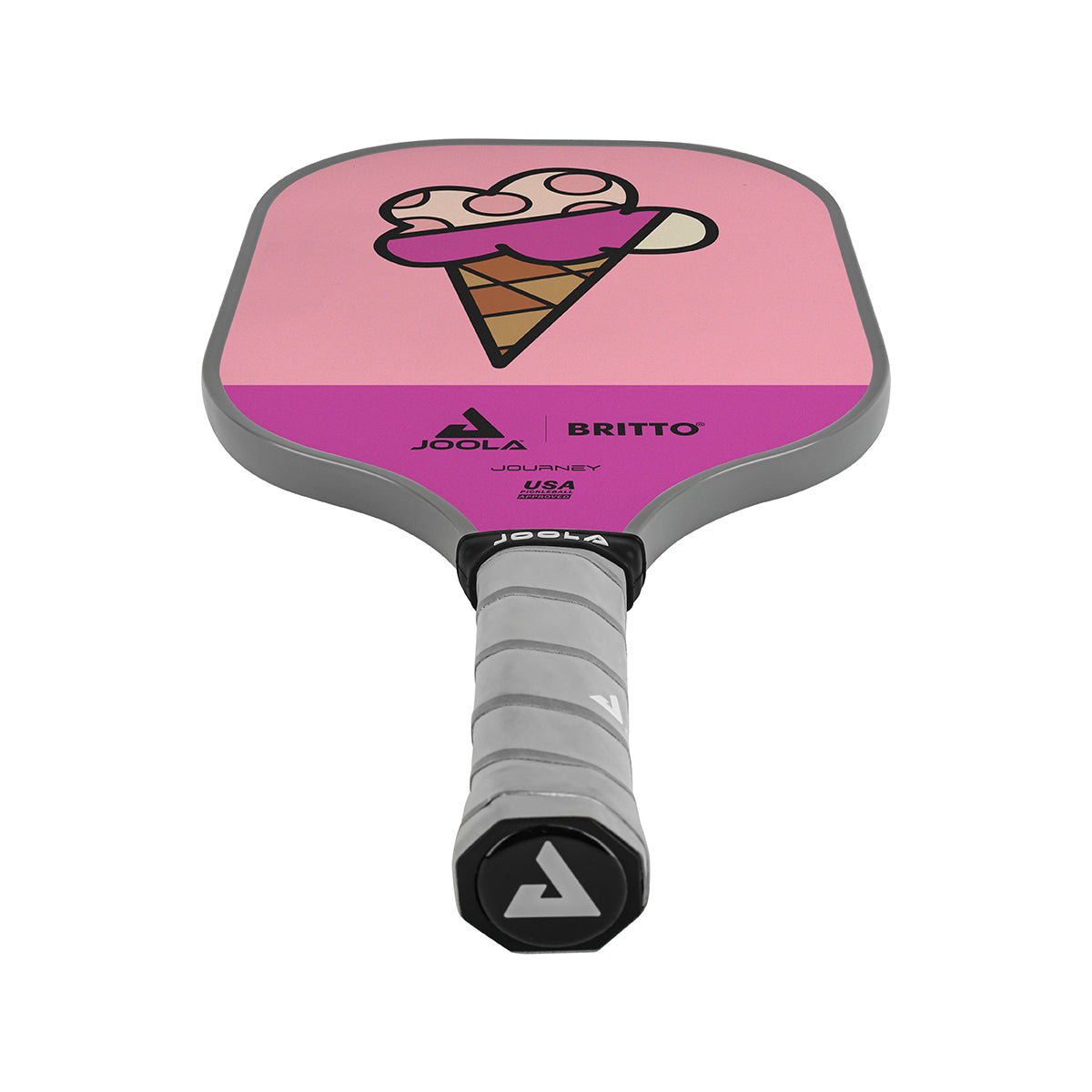 White Background Image: JOOLA x BRITTO paddle, grey handle, purple and pink paddle face with an image of an ice cream cone in the BRITTO art style.