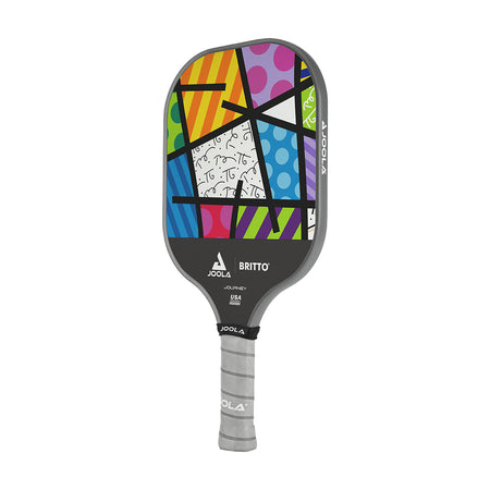 White Background Image: JOOLA x BRITTO paddle, grey handle, colorful paddle face in BRITTO art style.