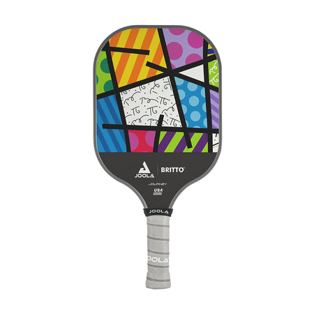 White Background Image: JOOLA x BRITTO paddle, grey handle, colorful paddle face in BRITTO art style.