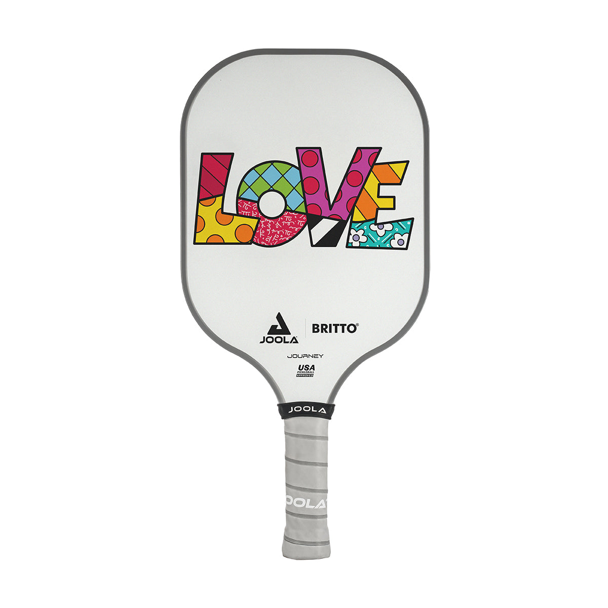 White Background Image: JOOLA x BRITTO paddle, grey handle, white paddle face with LOVE written in colorful BRITTO art style.