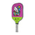 White Background Image: JOOLA x BRITTO paddle, grey handle, lime green and purple paddle face with an image of a cat in BRITTO art stye.