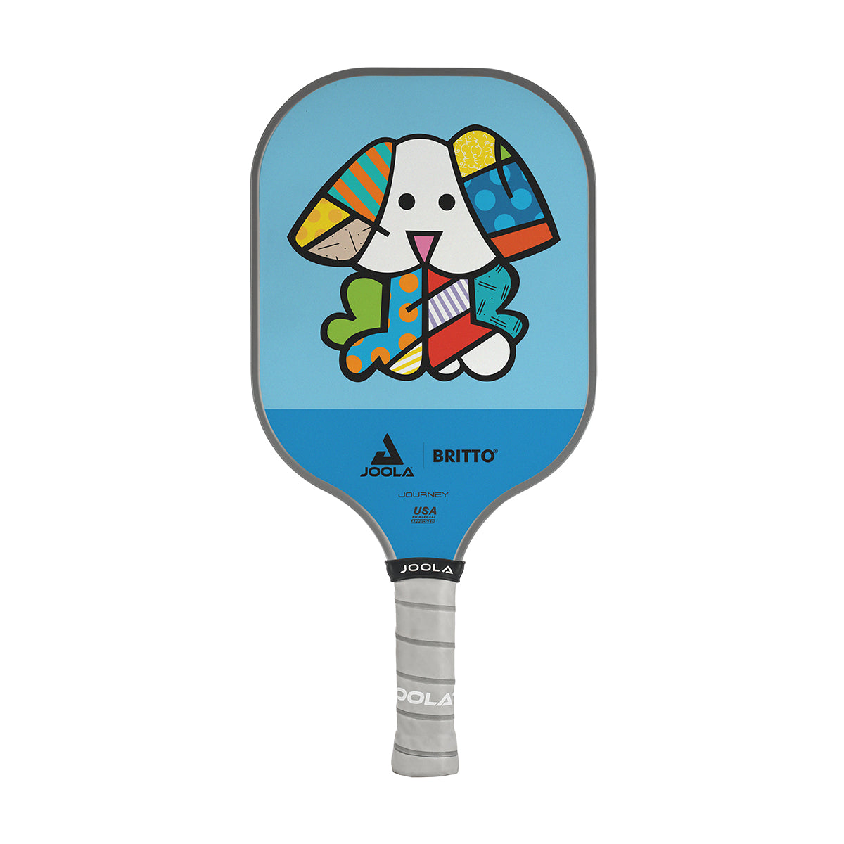 White Background Image: JOOLA x BRITTO paddle, grey handle, blue and light blue paddle face with an image of a dog.