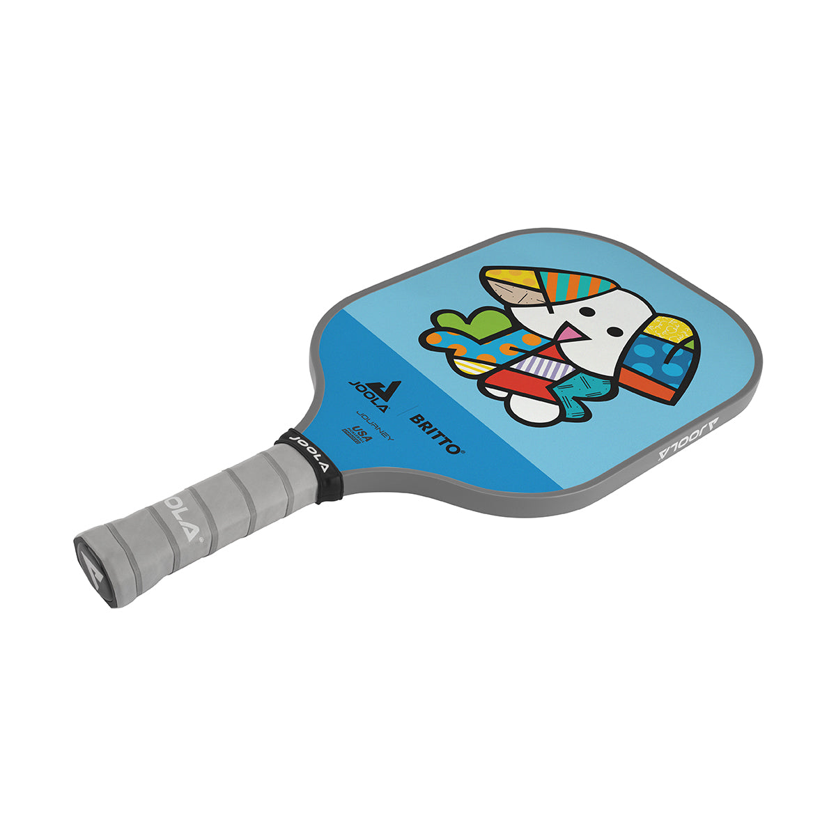 White Background Image: JOOLA x BRITTO paddle, grey handle, blue and light blue paddle face with an image of a dog.