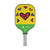 White Background Image: JOOLA x BRITTO paddle, grey handle, green and yellow paddle face with heart images.