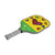 White Background Image: JOOLA x BRITTO paddle, grey handle, green and yellow paddle face with heart images.