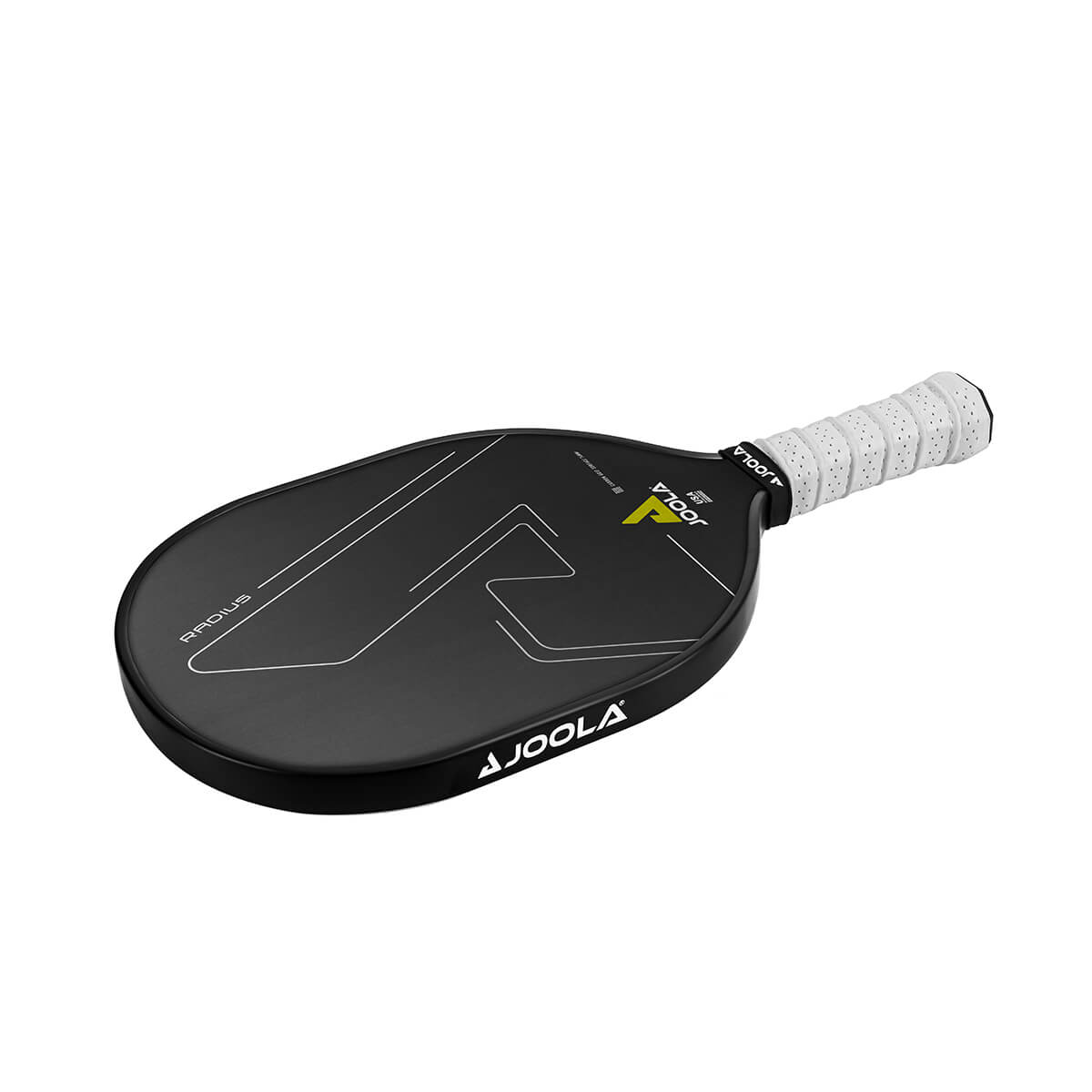 White Background Image: JOOLA Radius CGS 14 pickleball paddle, white gripped handle, black surface.