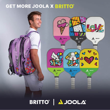 Infographic showing the entire JOOLA x Britto line of paddle designs.