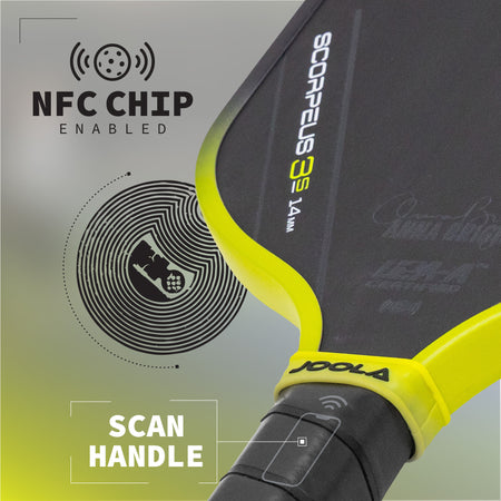 Infographic showing the NFC Chip-Enabled paddle handle on the JOOLA 3S Scorpeus 14mm Anna Bright pickleball paddle.