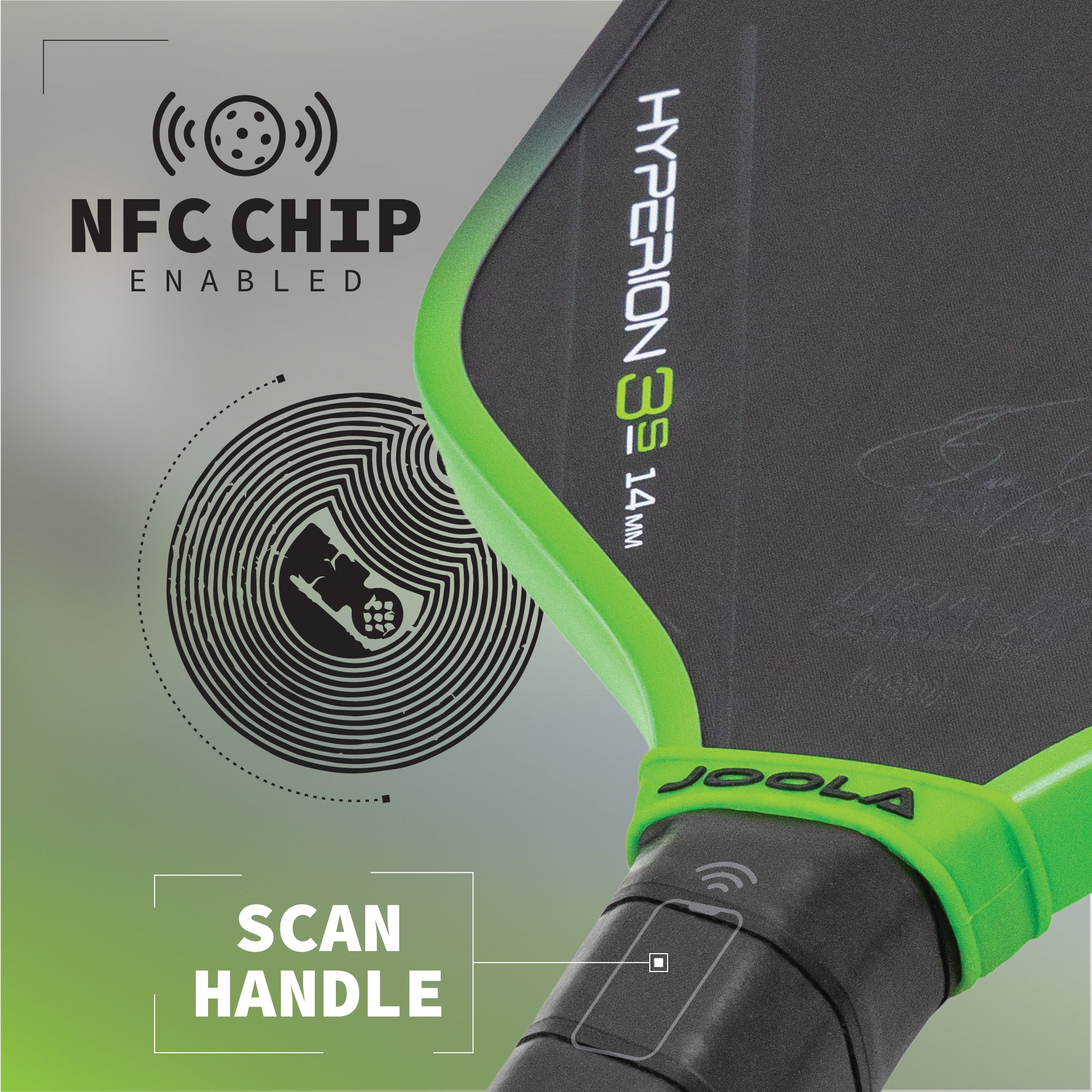 Infographic showing the NFC Chip-Enabled handle on the JOOLA 3S Hyperion 14mm pickleball paddle.