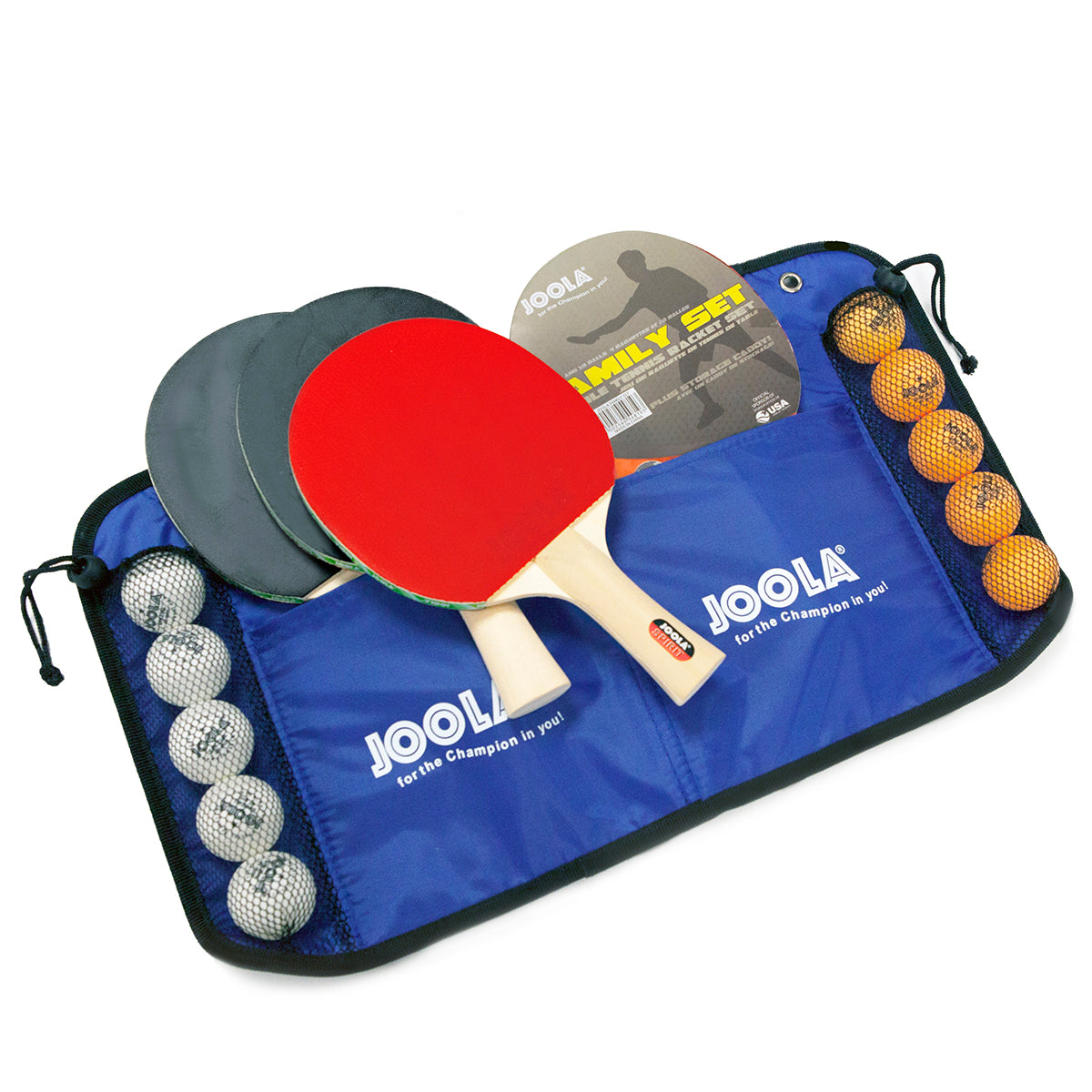 White Background Image: JOOLA Family Table Tennis set, with four JOOLA spirit table tennis rackets and ten table tennis balls.