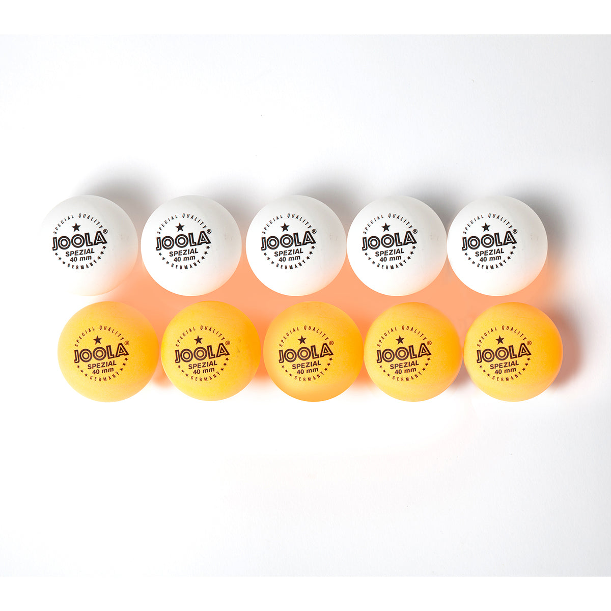 White Background Image: Five white and five orange JOOLA spezial table tennis balls.