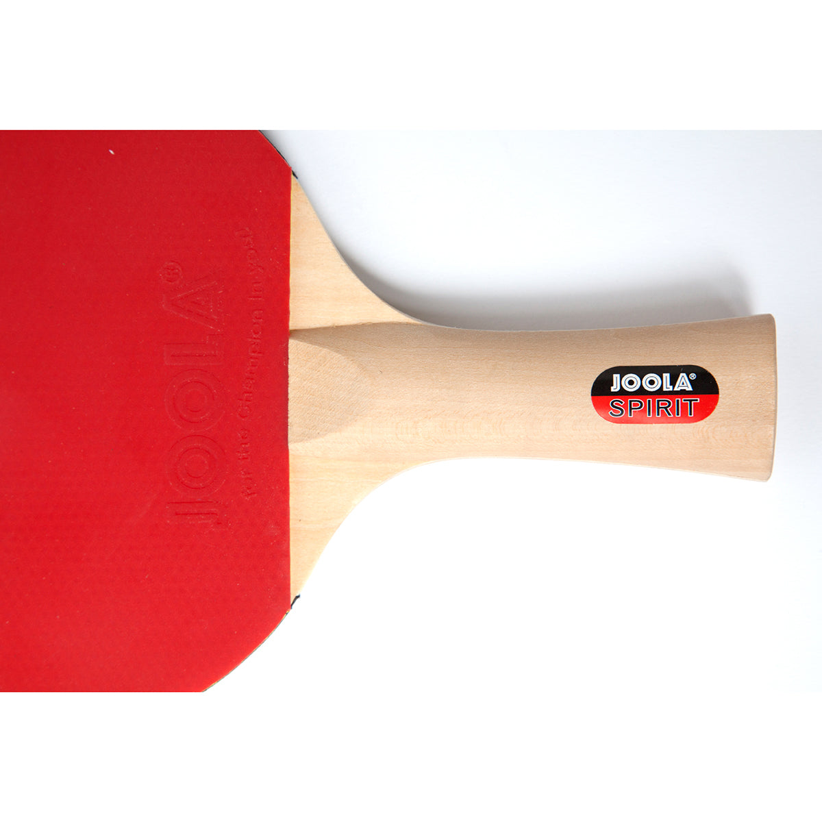 White Background Image: Close up of the JOOLA Spirit table tennis racket handle.