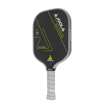 White Background Image: JOOLA Anna Bright Scorpeus CFS 14 with black paddle face, lemon accent font and JOOLA Trinity logo, gray edge guard, gray Feel-Tec Pure Grip