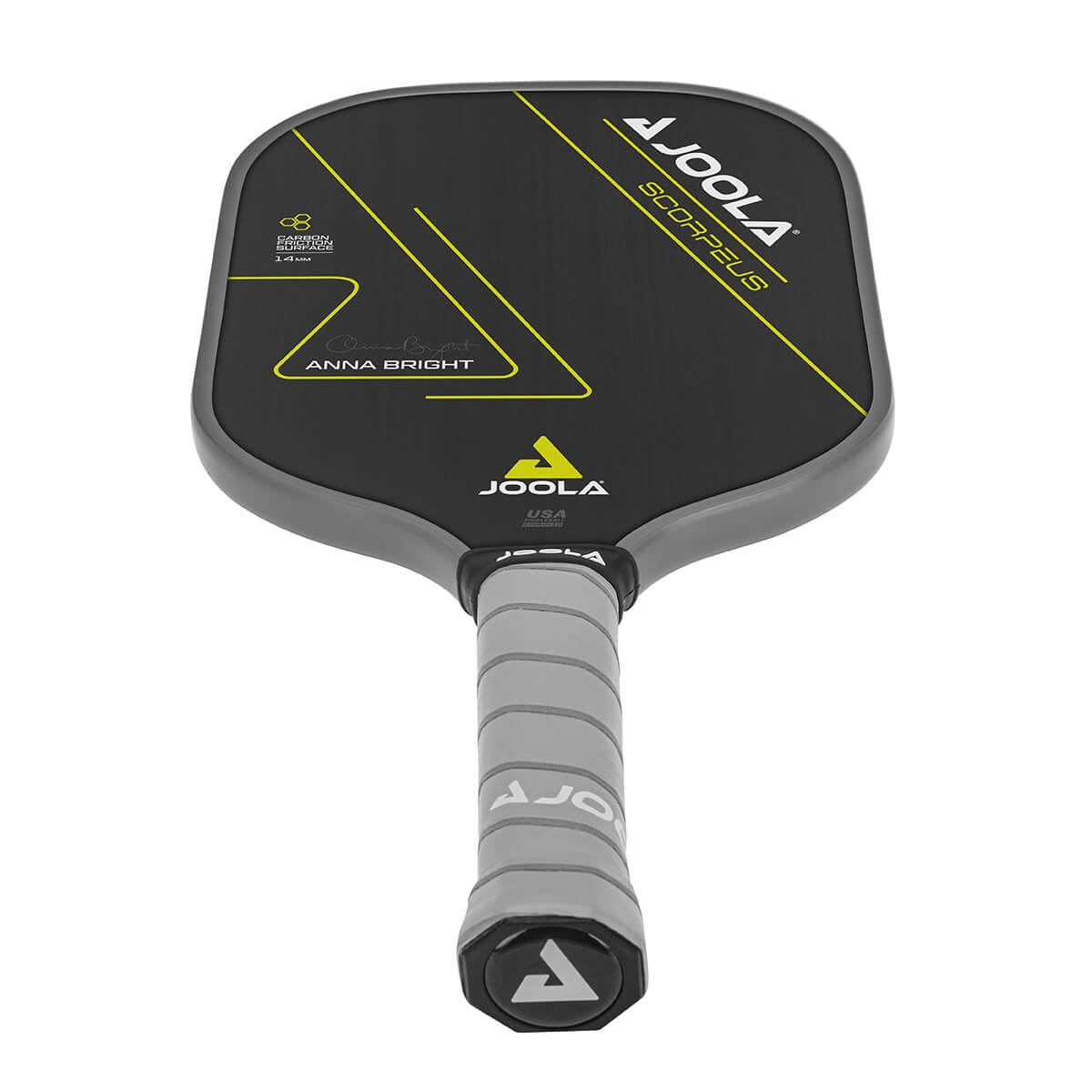 White Background Image: JOOLA Anna Bright Scorpeus CFS 14 with black paddle face, lemon accent font and JOOLA Trinity logo, gray edge guard, gray Feel-Tec Pure Grip