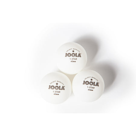 White Background Image: Three 40 mm 1-STAR JOOLA table tennis balls.