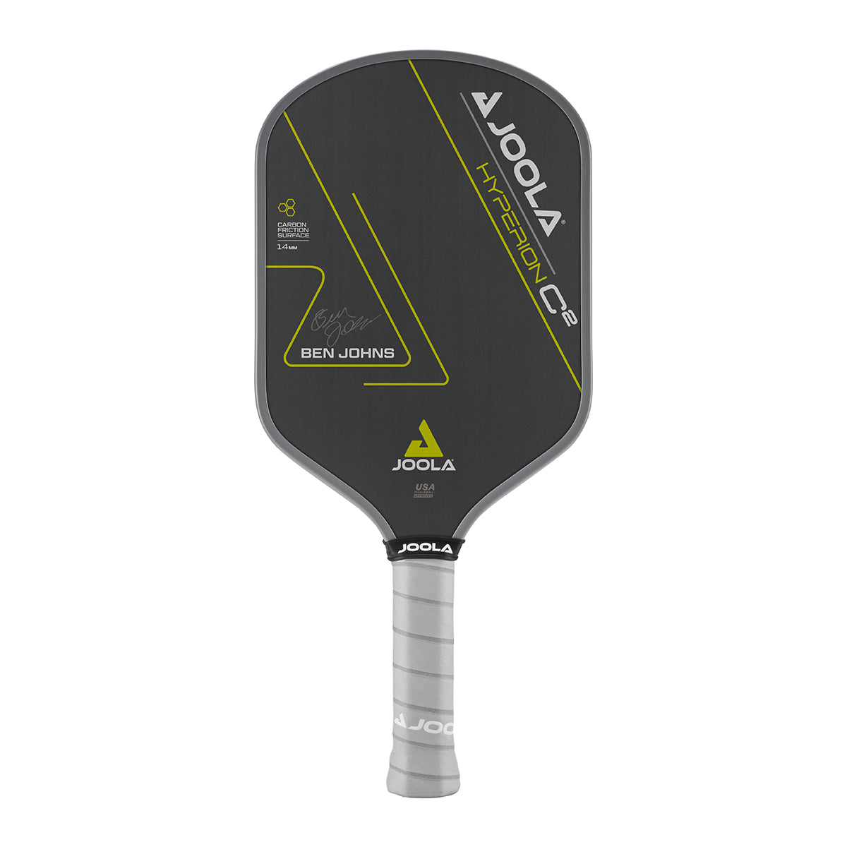 White Background Image: Ben Johns Hyperion C2 Pickleball paddle. Black surface with yellow lines and Ben Johns' signature. Grey handle and grey edge guard with white JOOLA logo.