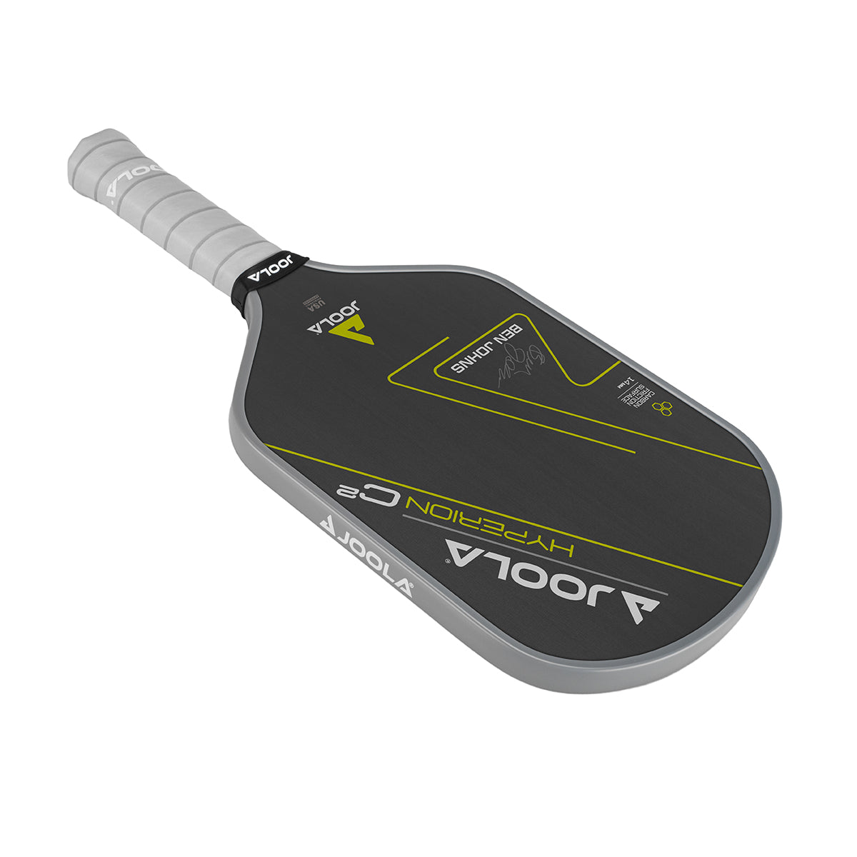 White Background Image: Ben Johns Hyperion C2 Pickleball paddle. Black surface with yellow lines and Ben Johns' signature. Grey handle and grey edge guard with white JOOLA logo.