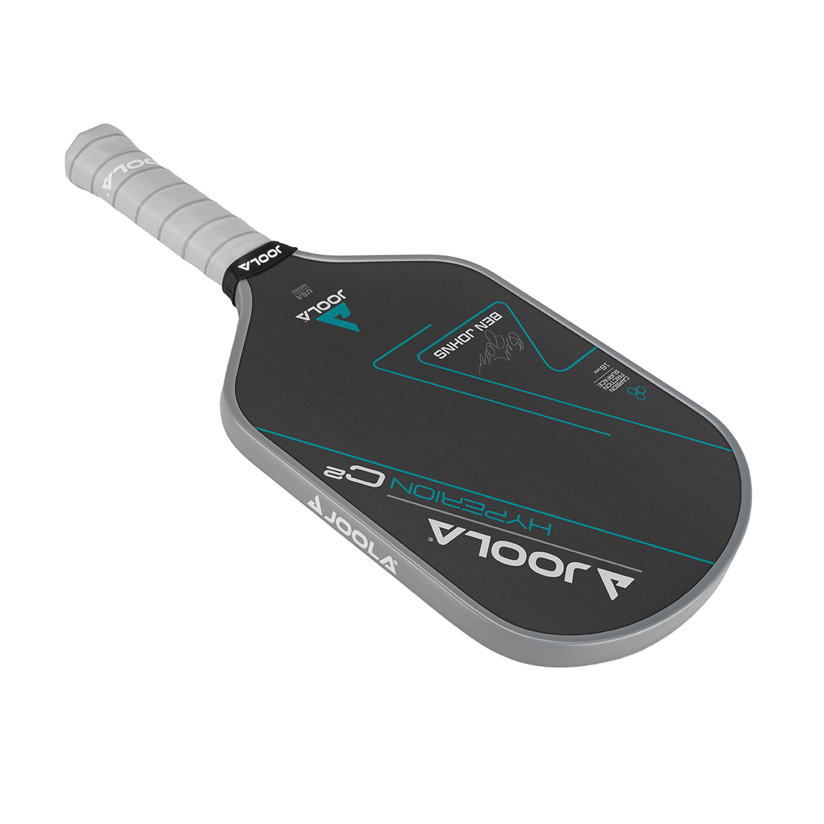 White Background Image: Ben Johns Hyperion C2 Pickleball paddle. Black surface with turquoise lines and Ben Johns' signature. Grey handle and grey edge guard with white JOOLA logo.