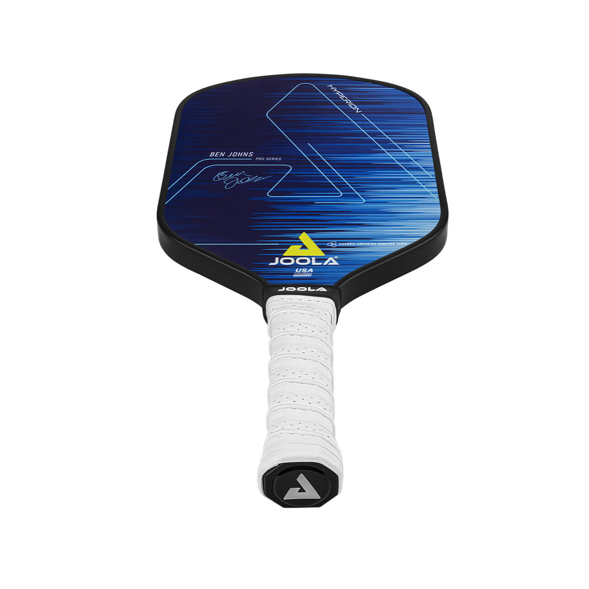 White Background Image: Straight on view of the Ben Johns Hyperion CAS 16 mm pickleball paddle, blue and black paddle face. #hyperion