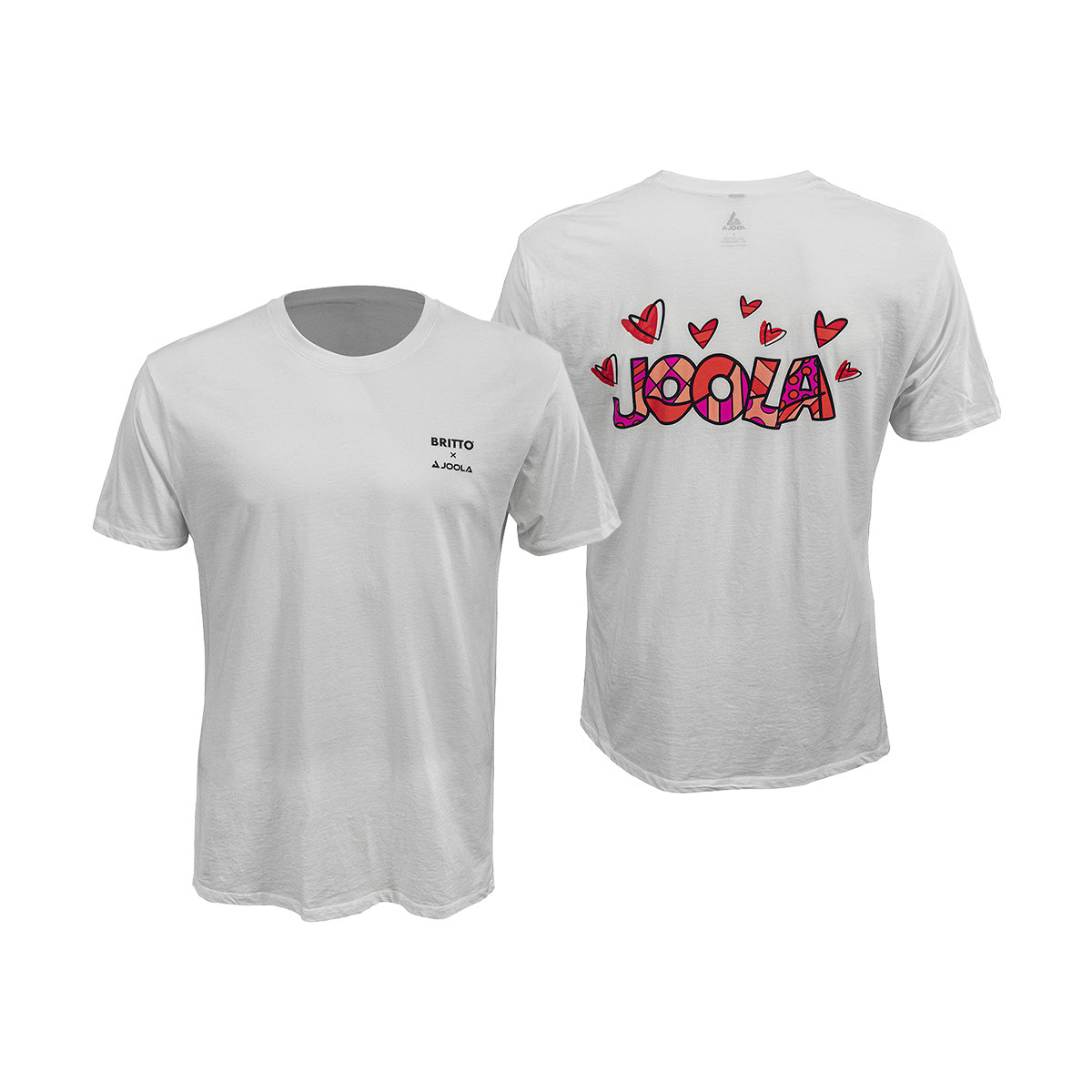 White Background Image: White BRITTO x JOOLA shirt with red hearts on back. Small BRITTO x Logo on the right breast.