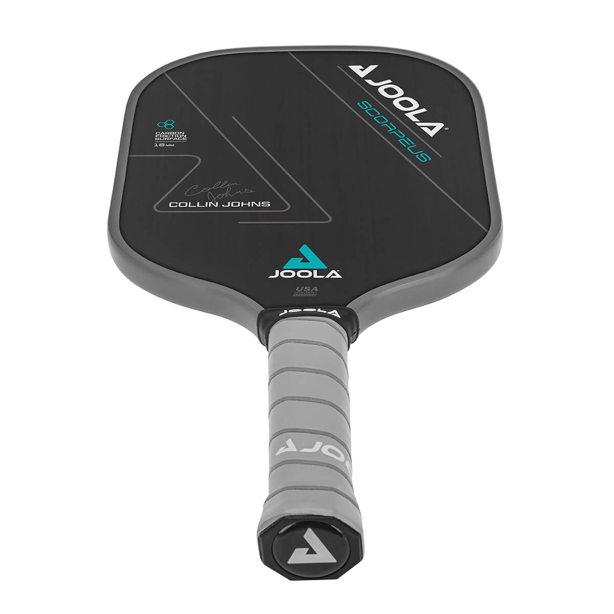 White Background Image: JOOLA Anna Bright Scorpeus CFS 16 with black paddle face, teal accent font and JOOLA Trinity logo, gray edge guard, gray Feel-Tec Pure Grip