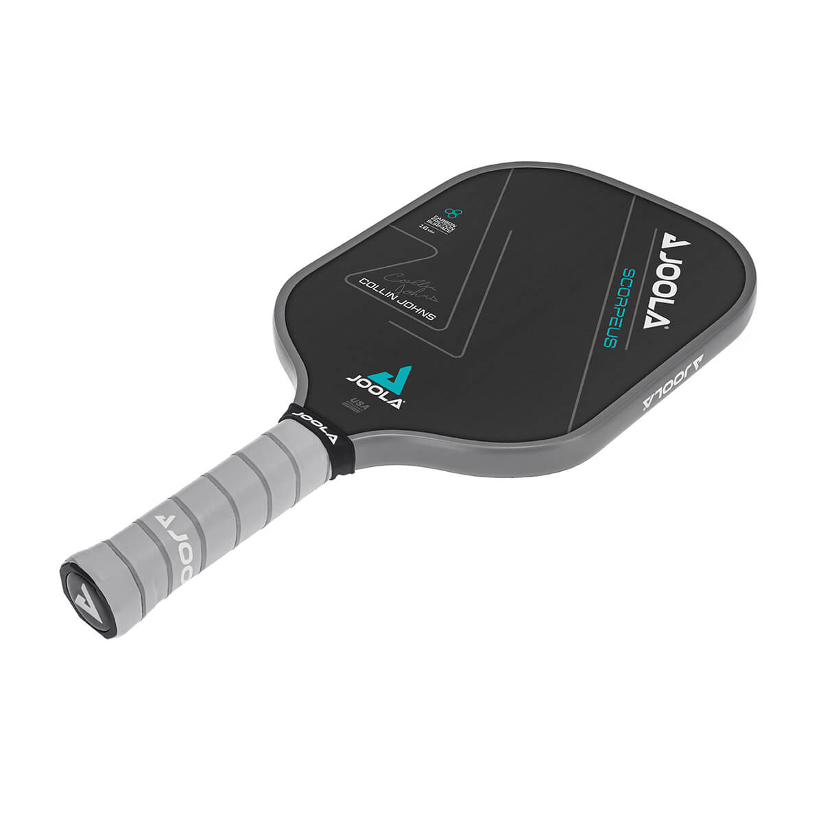 White Background Image: JOOLA Anna Bright Scorpeus CFS 16 with black paddle face, teal accent font and JOOLA Trinity logo, gray edge guard, gray Feel-Tec Pure Grip