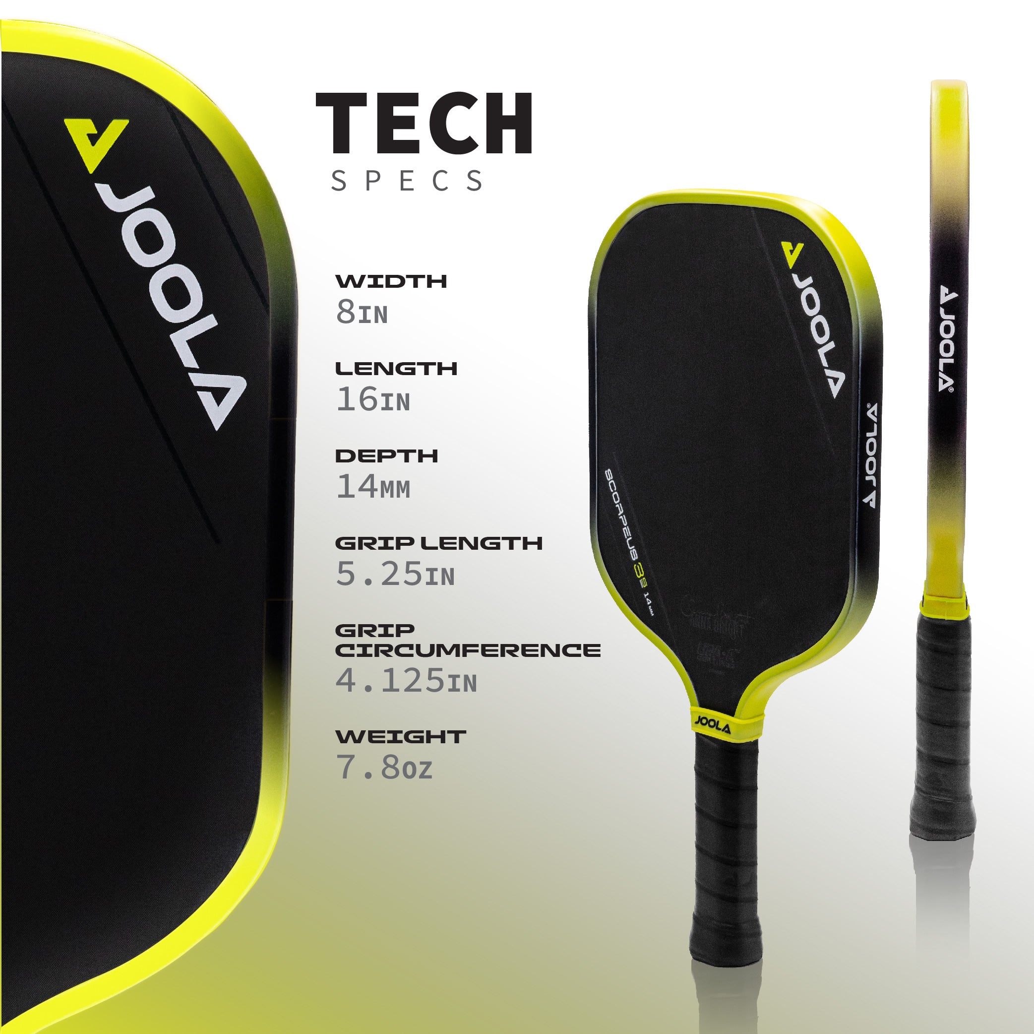 Infographic showing the tech specs for the JOOLA 14mm Scorpeus pickleball paddle.