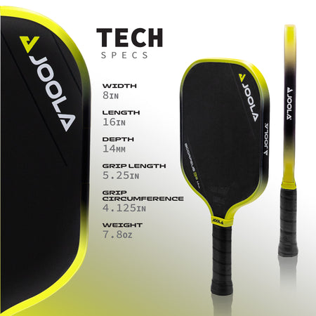 Infographic showing the tech specs for the JOOLA 14mm Scorpeus pickleball paddle.