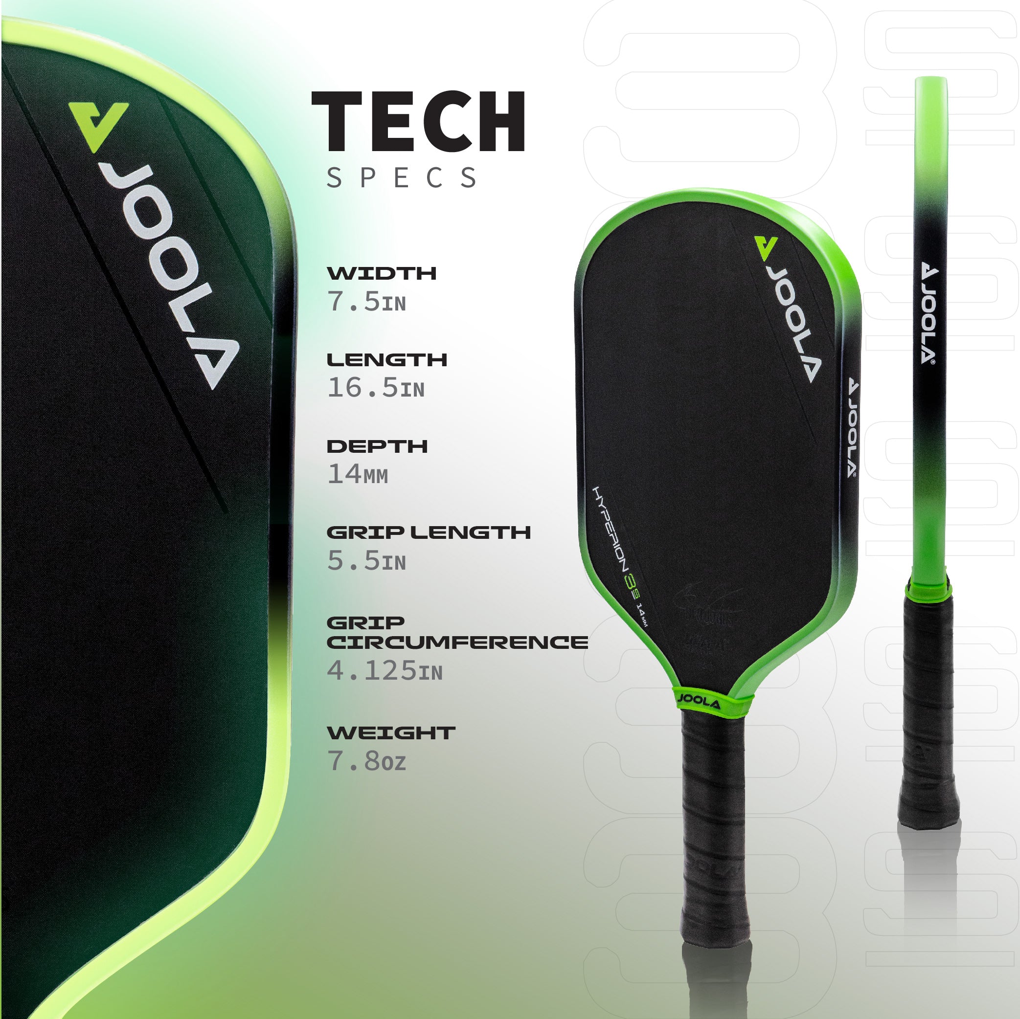 Infographic showing the tech specs of the JOOLA 3S 14mm pickleball paddle.