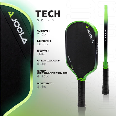 Infographic showing the tech specs of the 16mm JOOLA 3S Hyperion pickleball paddle.